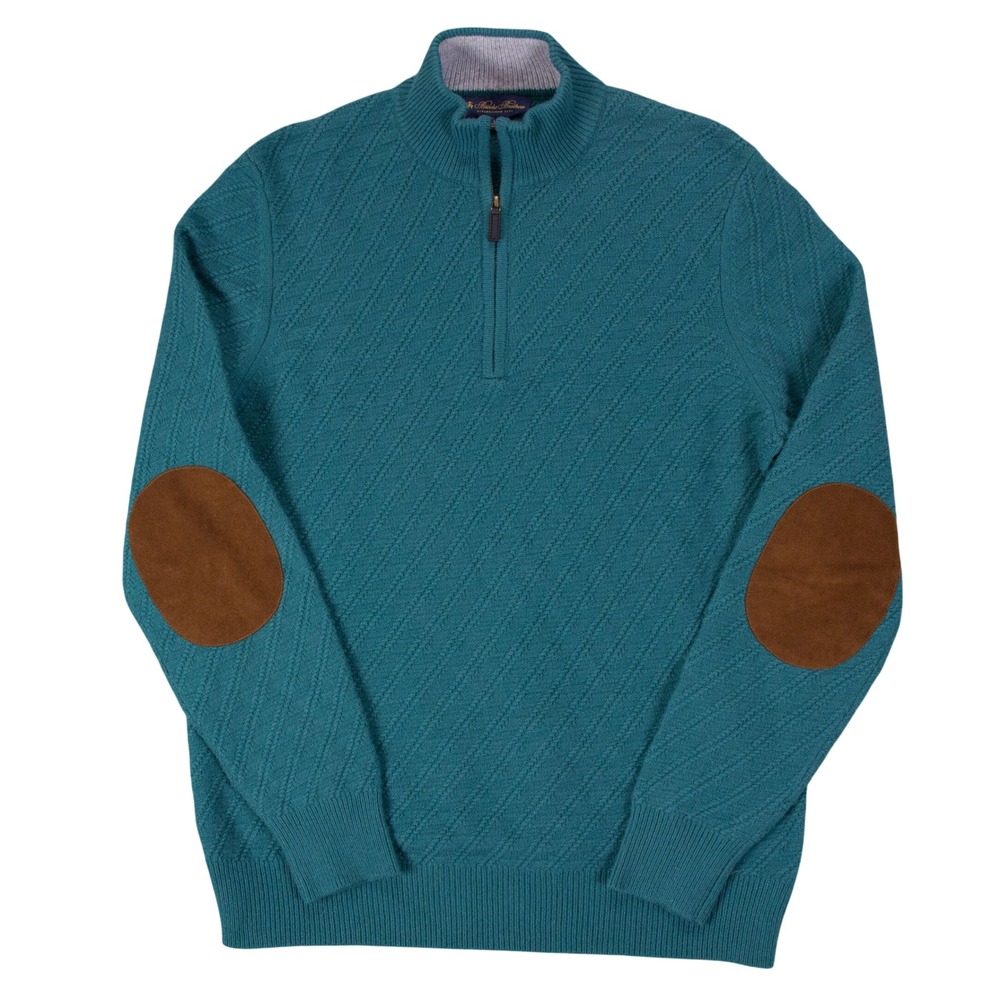 Brooks Brothers Mens L Green Cashmere Wool Knit 1/4 Zip Sweater Elbow‎ Patch